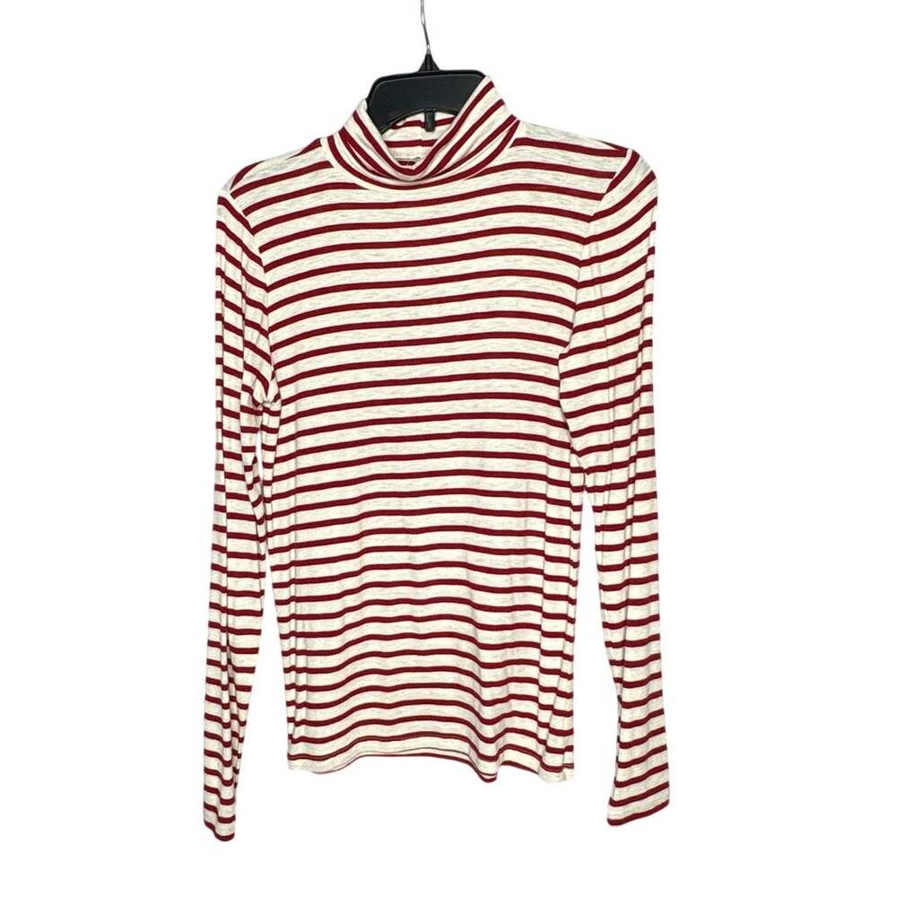 Aerie Real Soft Red & Cream Striped Ribbed Holiday Stretchy Turtleneck Top NWOT